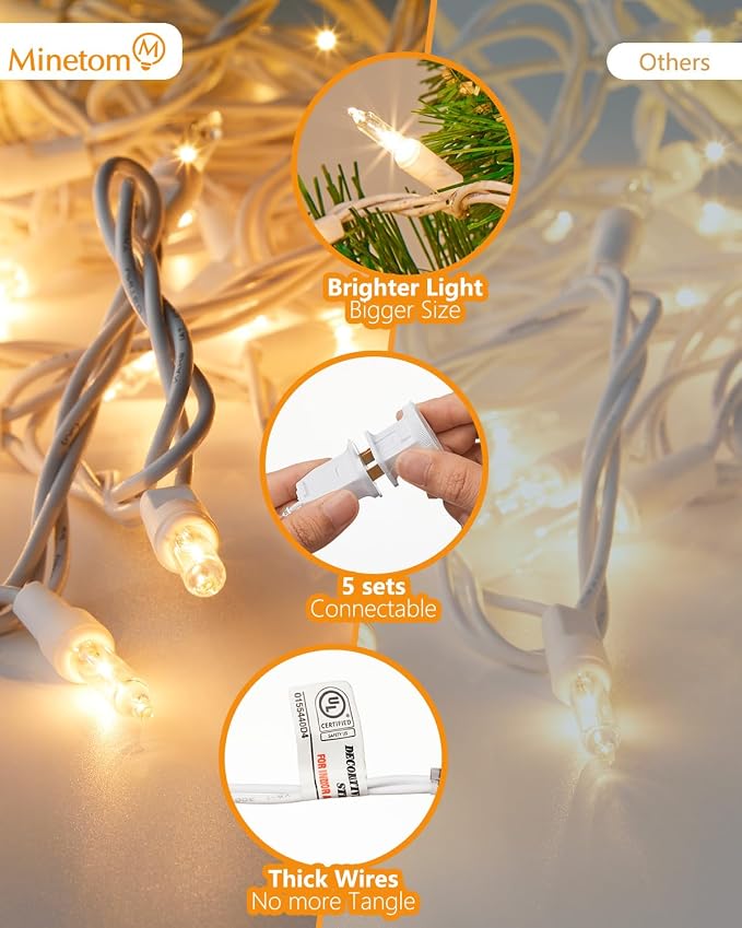 Minetom Clear Christmas Lights Set 100 Count 20 Feet Incandescent Bulb Mini - Image 7