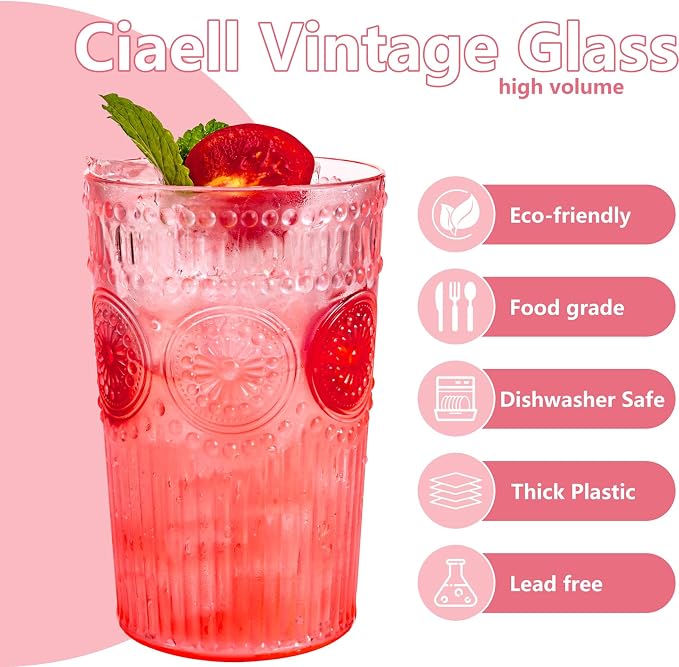 Ciaell 12 Pack Romantic Plastic Water Glasses - 14 Oz Pink Vintage Drinking - Image 3