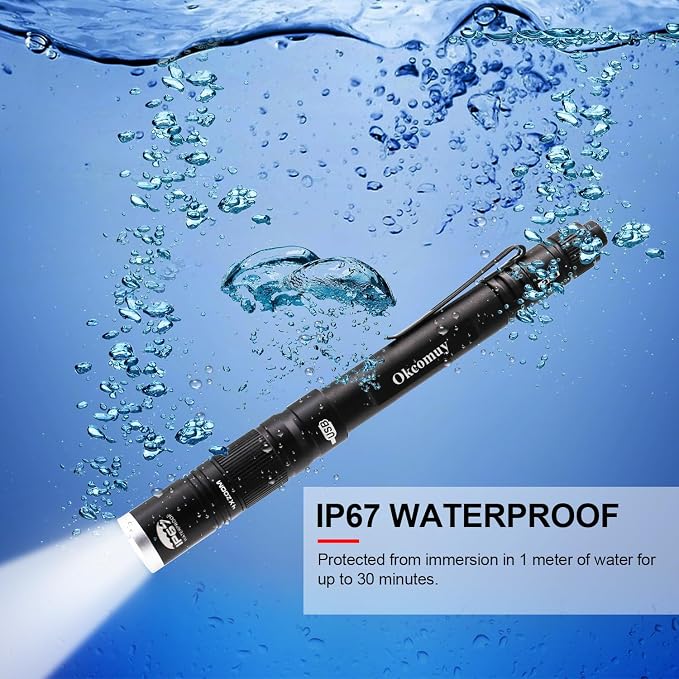 okcomuy Rechargeable LED Pen Light Flashlight, 300 Lumens IP67 Waterproof - Image 5