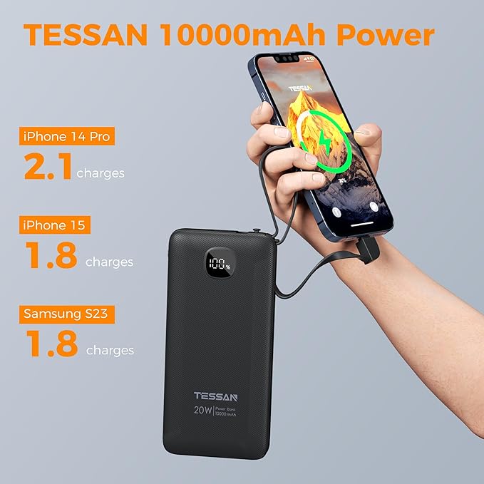 TESSAN Portable Charger with Built in Cables, 10000mAh Power Bank Fast Charging - Image 4