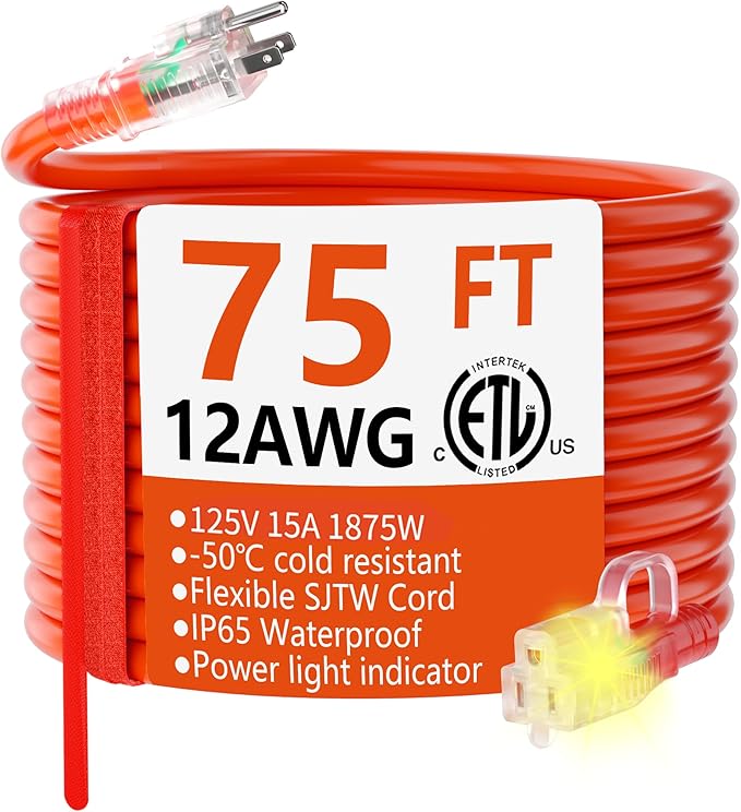 HUANCHAIN 12/3 Gauge Heavy Duty Outdoor Extension Cord 75 ft Waterproof by huanchain