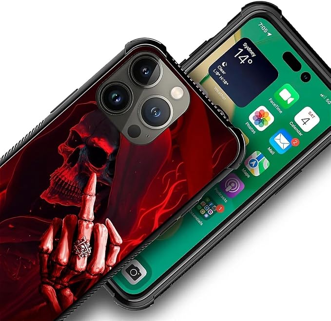 for iPhone 13 Pro Case, Gestures Funny Skull Pattern Graphic Design Girl Boy - Image 3
