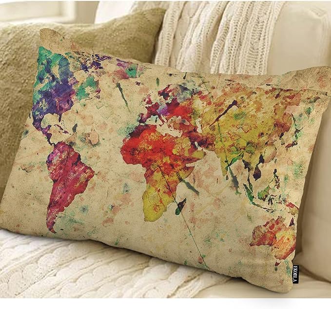 EKOBLA Watercolor World Map Lumbar Pillow Cases Vintage Global Stain Graphic - Image 2
