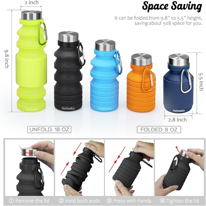 Nefeeko Collapsible Water Bottle, Reuseable BPA Free Silicone Foldable Water - Image 2