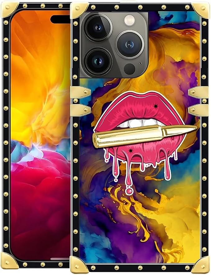 Compatible with iPhone 15 Pro Case, Cool Corlorful Lip Marble Luxury Golden by Unknown