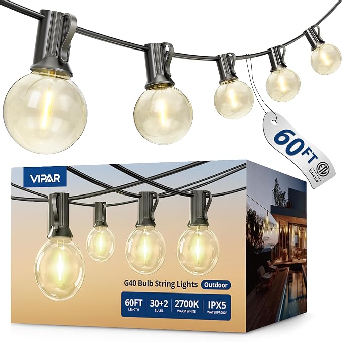 VIPAR Outdoor String Lights, 60FT 32 G40 Bulbs Patio Lights Outdoor Waterproof by VIPAR