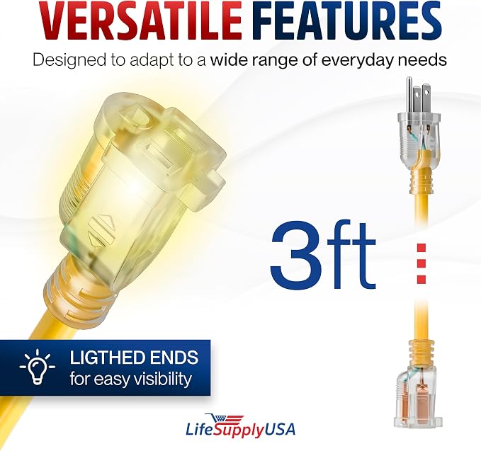 3ft Outdoor/Indoor Extension Cord 12/3 Gauge Extra Heavy Duty 3 Prong SJTW - Image 6