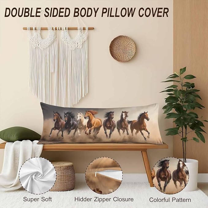 20x54 Body Pillow Cover Horse Zipper Body Pillowcase Western Stallion Horses - Image 4