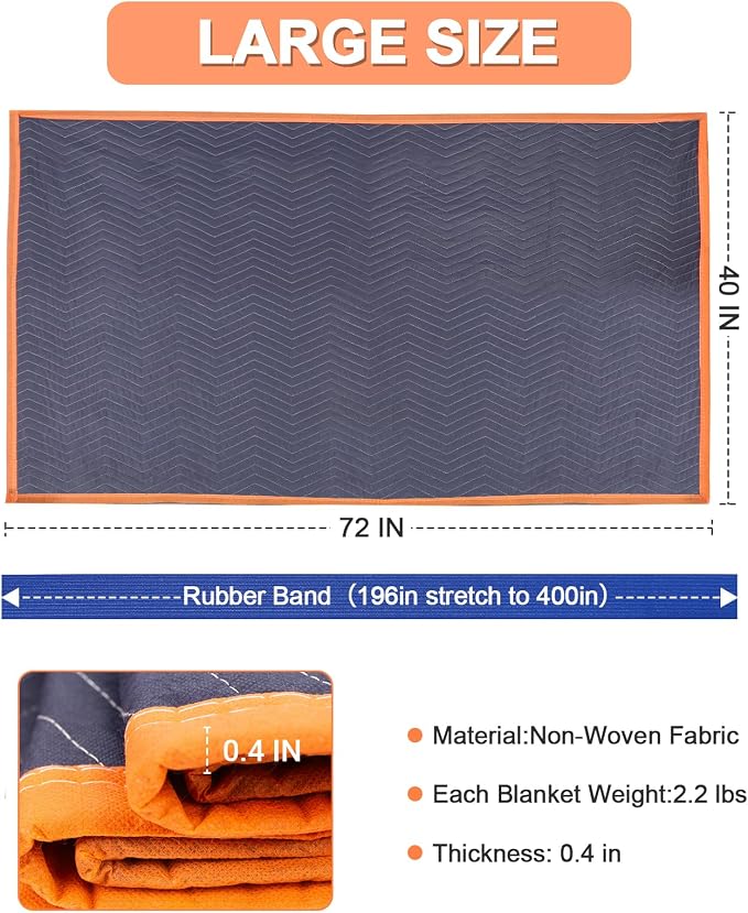 6 Moving Blankets 72x40in with 3 Elastic Rubber Band – Durable Quilted Moving - Image 2