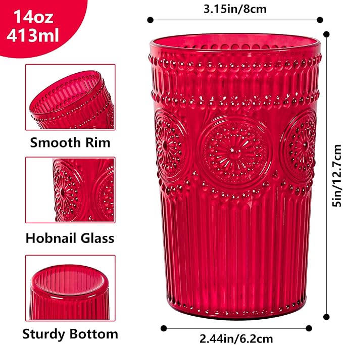 Ciaell 12 Pack Romantic Plastic Water Glasses - 14 Oz Red Vintage Drinking - Image 2
