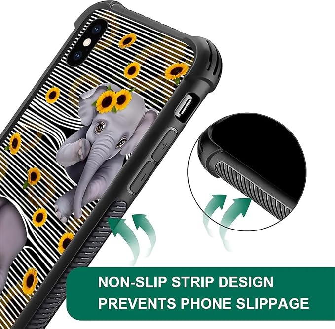for iPhone Xs Max Case, Cute Little Elephant Sunflower White Line Art Pattern - Image 6
