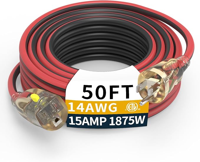 50FT Medium Duty Outdoor Extension Cords, 14/3 Gauge Electrical Wire Cable by primoWire