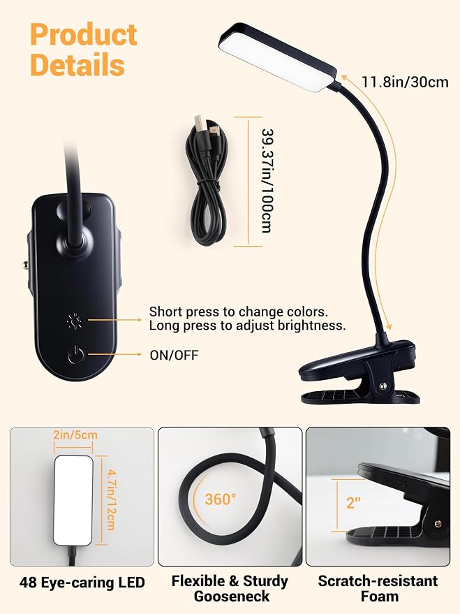 Clip on Light, 9 Brightness+5 Color Rechargeable Desk Lamp, 4000mAh Battery - Image 8