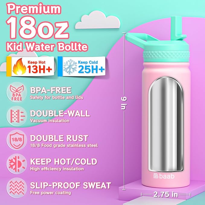 baab 18oz Kids Water Bottle, Insulated Water Bottle - Image 2
