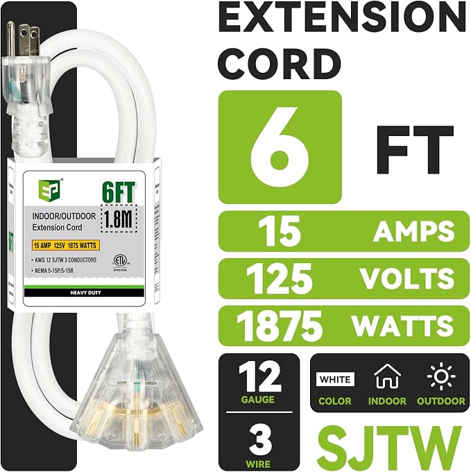 EP 3FT 12 Gauge Heavy Duty Extension Cord, 15A 125V 1875W, 3 Outlet - Image 2