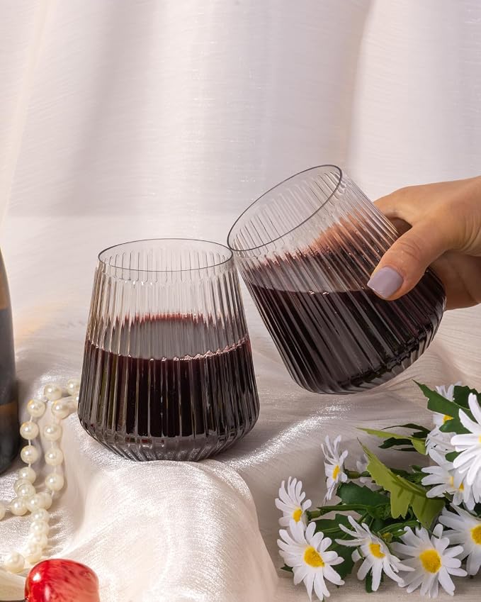 Goodluck 36 Pack 12oz Stemless Plastic Wine Glasses – Clear Ribbed Cups - Image 7