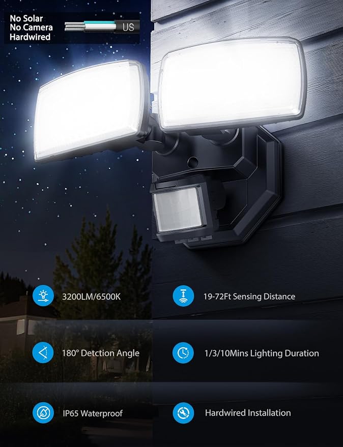 Onforu 32W 2 Head Motion Sensor Outdoor Lights, 3200LM 6500K Hardwired LED - Image 3