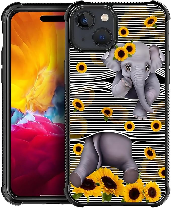 for iPhone 15 Case, Cute Little Elephant Sunflower White Line Art Pattern by FKBRCL4U
