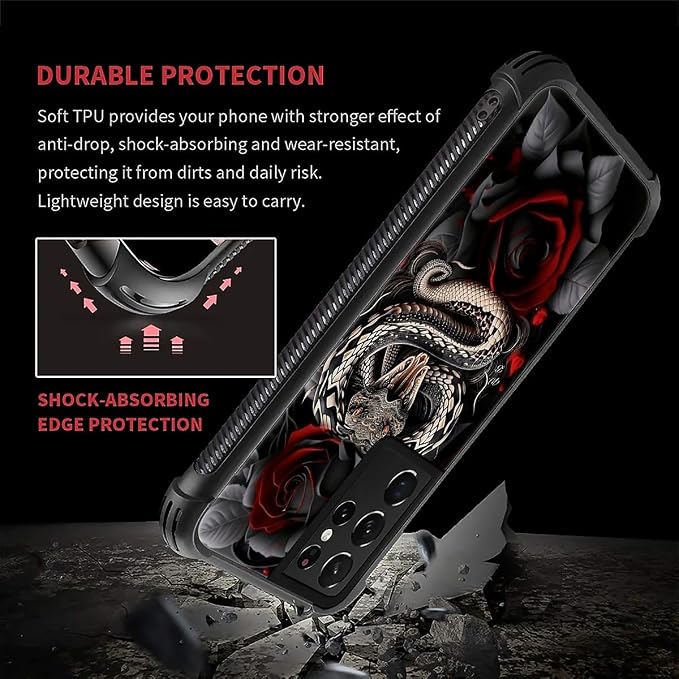for Samsung Galaxy S21 Ultra Case, Entwined Rose Snake Pattern Graphic Design - Image 6