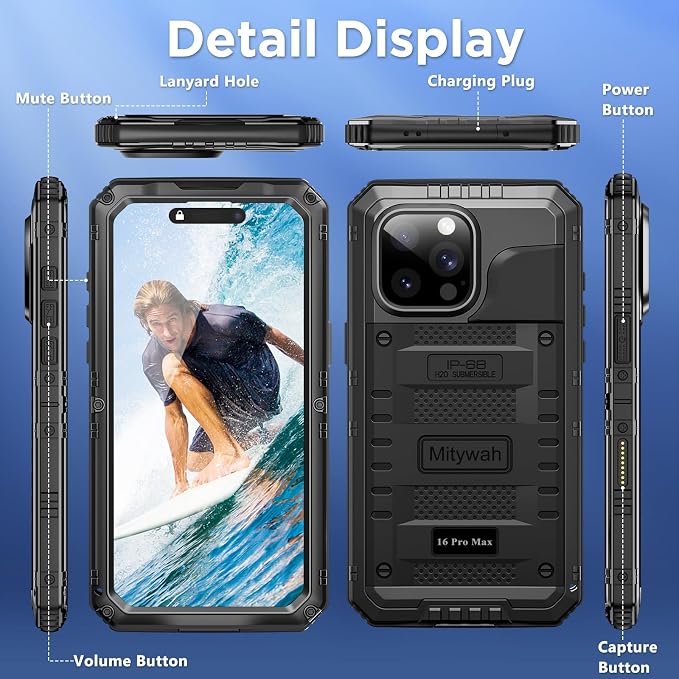 Mitywah Waterproof Case for iPhone 16 Pro Max, Heavy Duty Metal Cover - Image 6