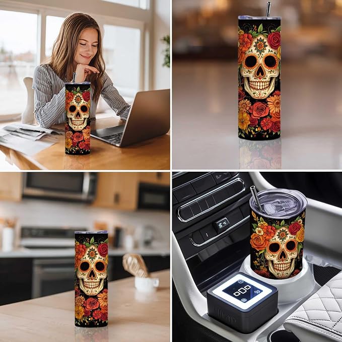 Firmiso 20 oz Tumbler｜Skinny Insulated Travel Mug｜Sugar Skull Floral Design - Image 3