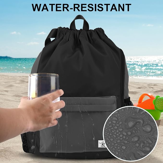 Drawstring Backpack with Mesh Pockets String Gym Bag Sackpack Sandproof Water - Image 3