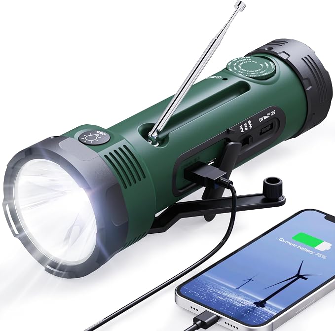 Hand Crank Flashlight, 3000mAh NOAA Weather Radio Flashlights by ROCAM