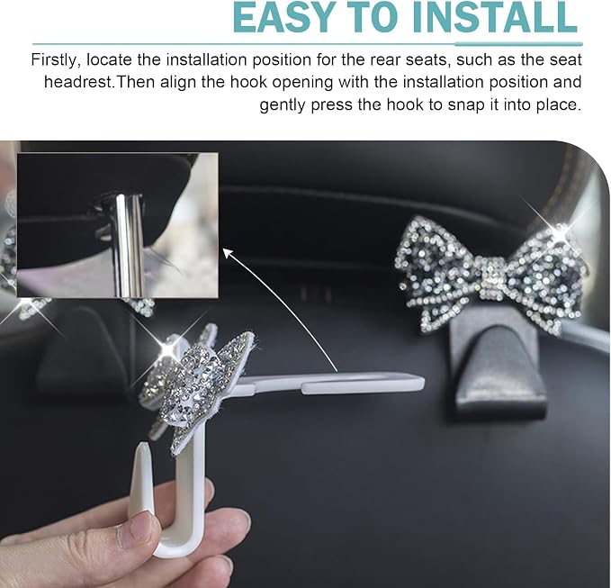 2 PCS Bling Bow Car Seat Headrest Hooks, Cute Rhinestone Bow Car Seat Back - Image 5