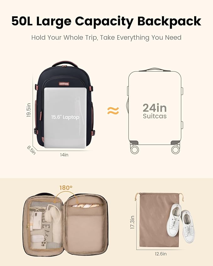 LOVEVOOK 50L Travel Backpack for Men & Women, Airline Approved Carry On Luggage - Image 8