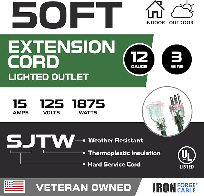 Iron Forge Cable 50 Foot Outdoor Extension Cord, 12/3 SJTW Heavy Duty Green - Image 2
