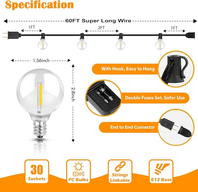 60FT Outdoor String Lights Waterproof, Bright 2700K LED Patio Lights String - Image 6