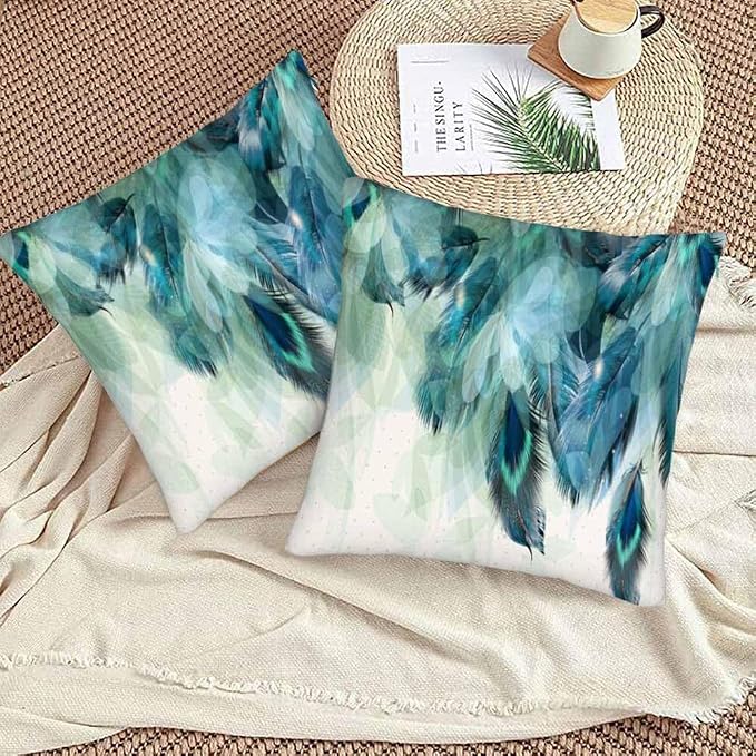 Peacock Feather 18 X 18 Pillow Covers Watercolor Gradient Blue Soft Halo Green - Image 3