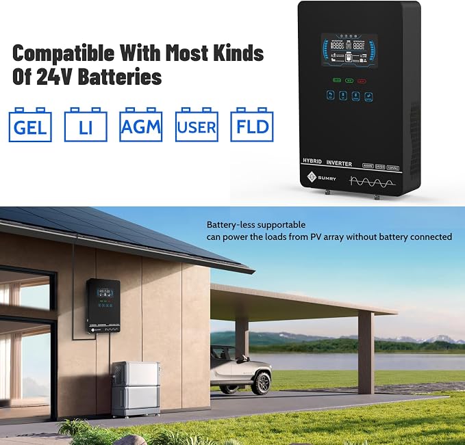 SUMRY Hybrid Solar Inverter, 4000W DC 24V to AC 120V Pure Sine Wave Power - Image 5