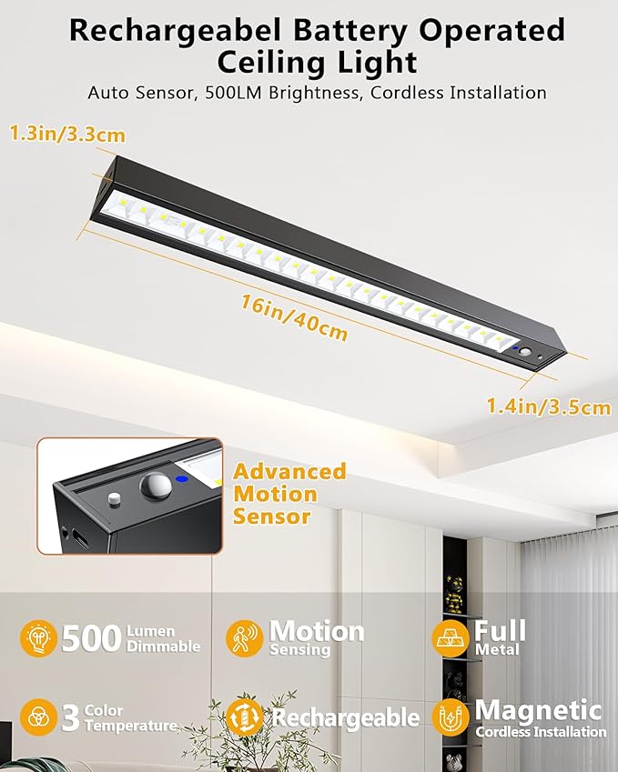 Rechargeable Motion Sensor Ceiling Light, Full Metal Battery Powered LED Closet - Image 2
