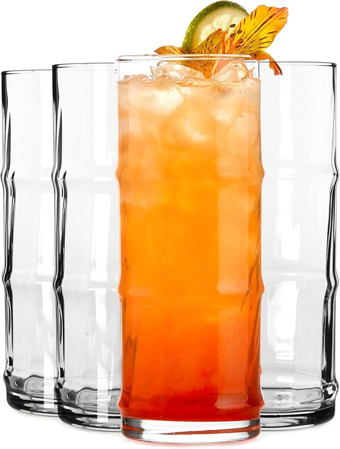 Libbey Tiki Bamboo Highball Drinking Glasses, Iconic 16 Oz Tall Cocktail by Libbey