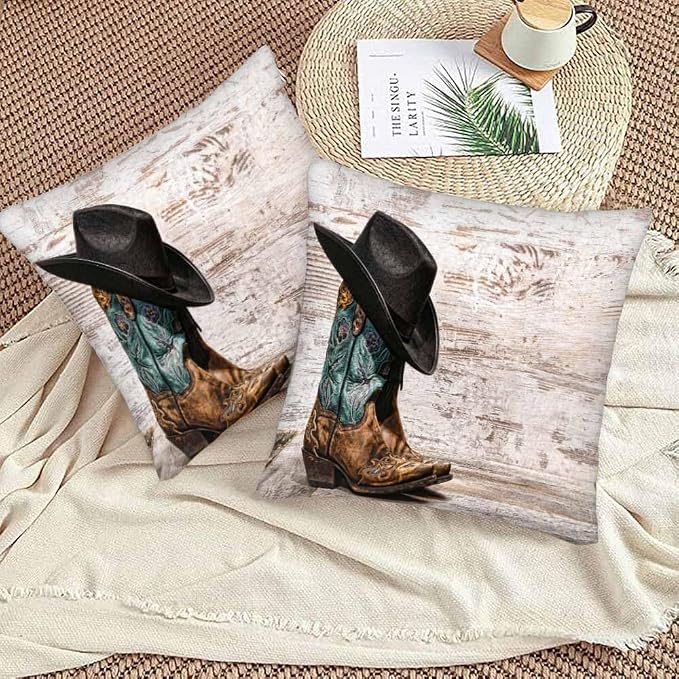 Western Cowboy Embroidered Boots Hat 18x18 Throw Pillow Covers Set of 2 - Image 3