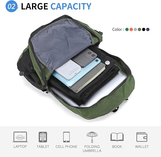 Hiking Daypack Packable, Camping Backpack Water Resistant Lightweight Polyester - Image 3