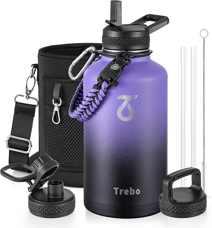 Trebo Water Bottle 64oz with Paracord Handle, Half Gallon Large Vacuum Triple by StayHotStayColdStayGreen