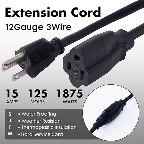 10ft Black Outdoor Extension Cord Waterproof, UL Listed, 12/3 SJTW Heavy Duty 3 - Image 2