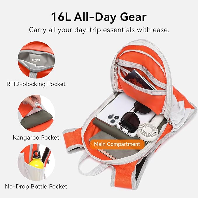 16L Small Hiking Backpack, CROSSGEAR Lightweight Waterproof Foldable Backpack - Image 2