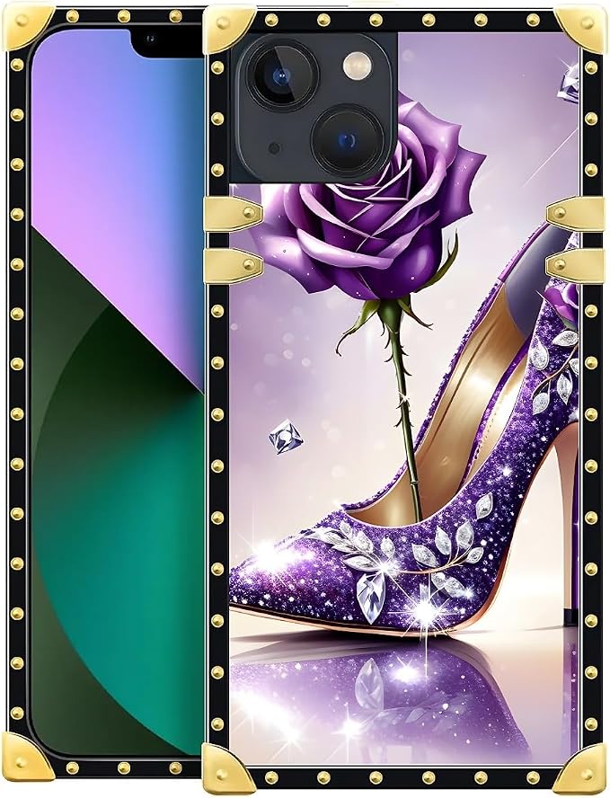 Compatible with iPhone 13 Case, High Heeled Purple Diamond Rose Luxury Golden by Unknown