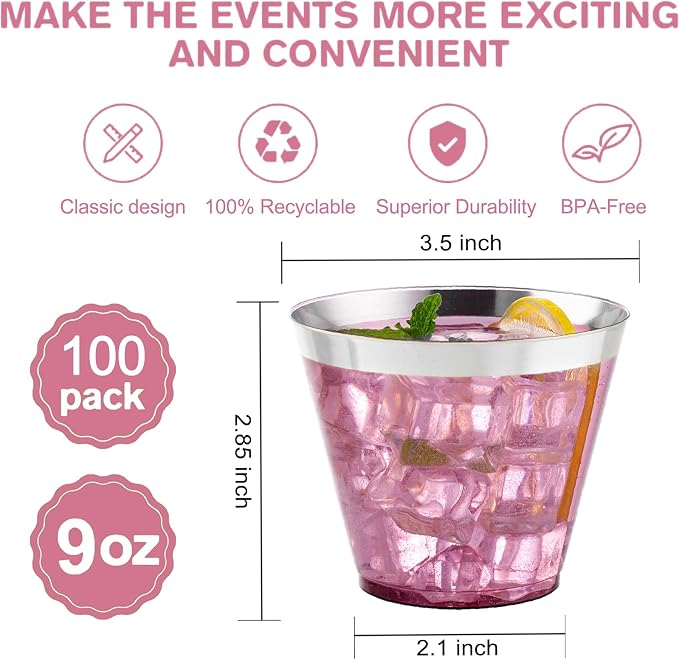 I00000 100PCS Silver Plastic Cups, 9 oz Clear Plastic Cups - Image 2