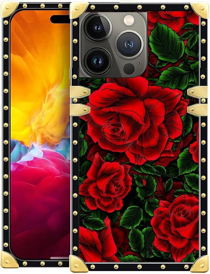 Compatible with iPhone 15 Pro Case, Vector Red Rose Green Leaf Luxury Golden by Unknown