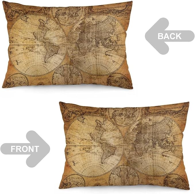 Vintage World Map Throw Pillow Covers Set of 2 Queen Size Old Paper Nostalgic - Image 3