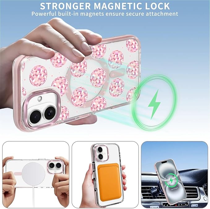 Case for iPhone 16, Disco Balls Pink Phone Case Design，for Women Girls Magnetic - Image 3