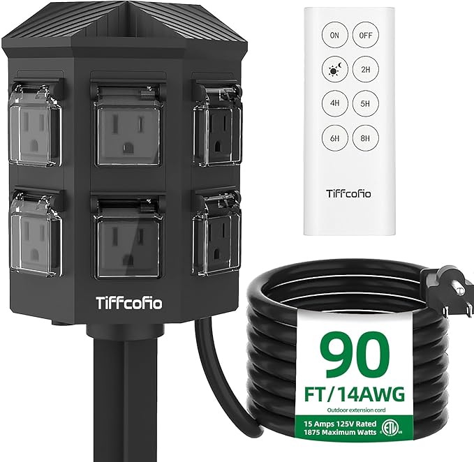 Outdoor Power Strip with 90FT Extension Cord, 100FT Remote Control, Dusk to by TiFFCOFiO