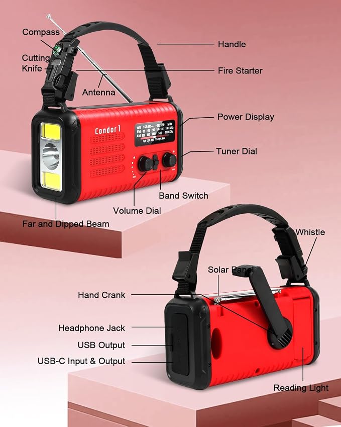 Emergency Crank Radio, 20000mAh / 74000mWh Solar Hand Crank Weather Radio - Image 8