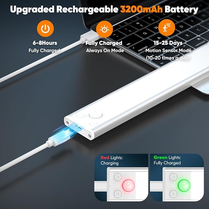 Brightever Under Cabinet Lights, 14inch Rechargeable Battery Operated Motion - Image 4