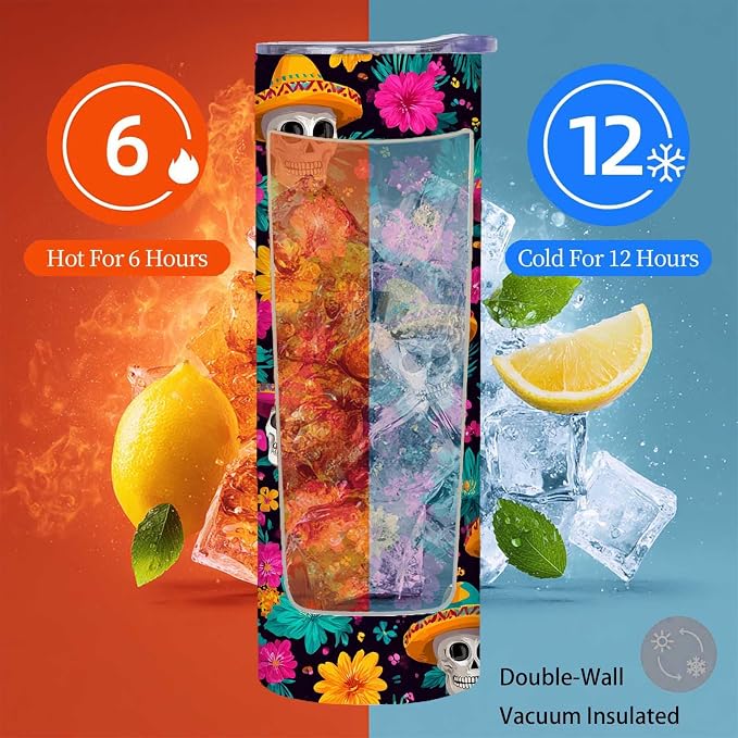 Firmiso 20 oz Tumbler｜Skinny Insulated Travel Mug｜Sombrero Skull Floral - Image 4