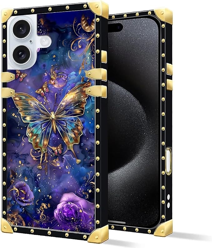 Compatible with iPhone 16 Case, Glistening Golden Butterfly Vibrant Purple Blue - Image 2